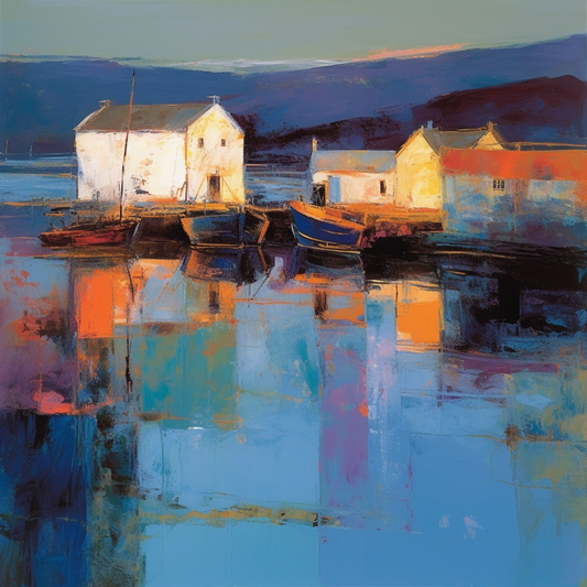 A painting of Lochranza Harbour in Scotland