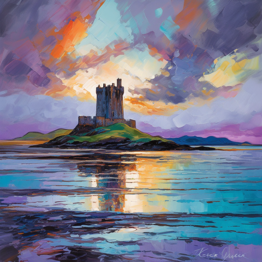 A painting of Castle Stalker in Scotland