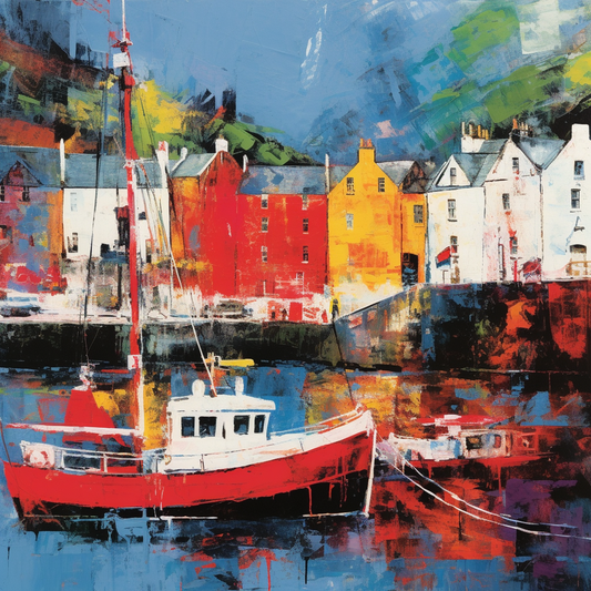 A painting of Portree Harbour in Scotland