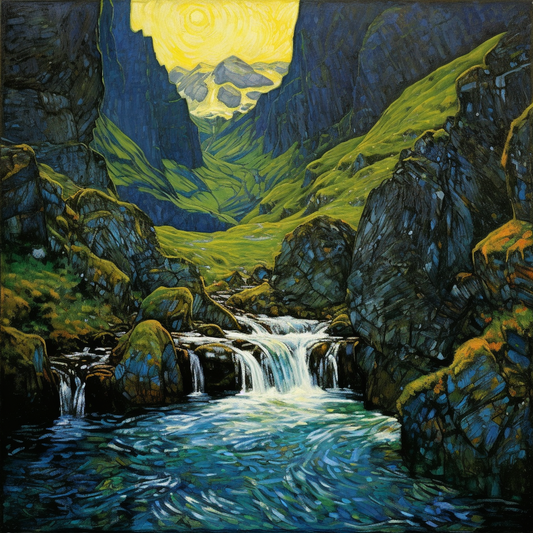 A painting of The Fairy Pools in Scotland