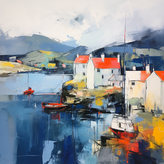 A painting of Castlebay Harbour in Scotland