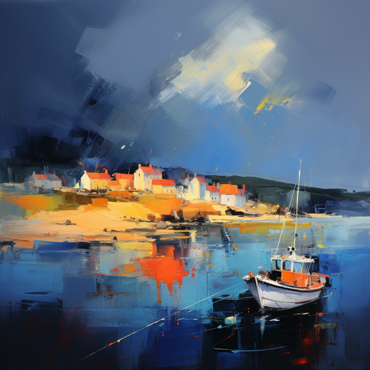 A painting of St Abba's Harbour in Scotland