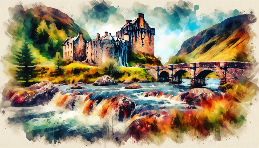 A painting of Kilchurn Castle Waterfall in Scotland