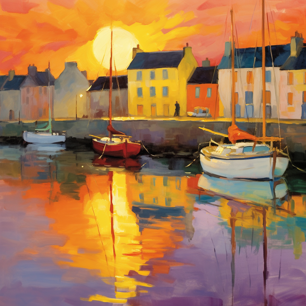 A painting of Anstruther Harbour in Scotland.