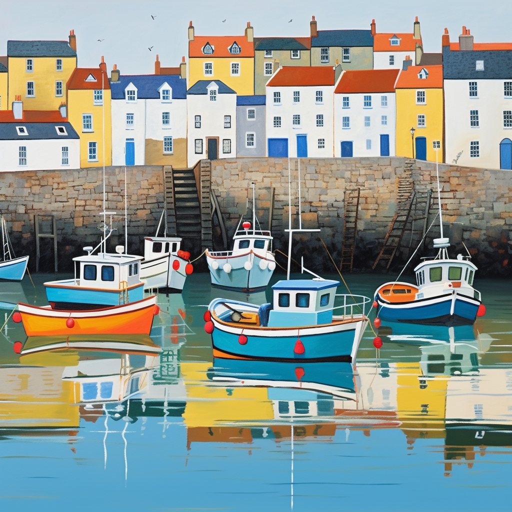 A painting of St Monans Harbour in Scotland.