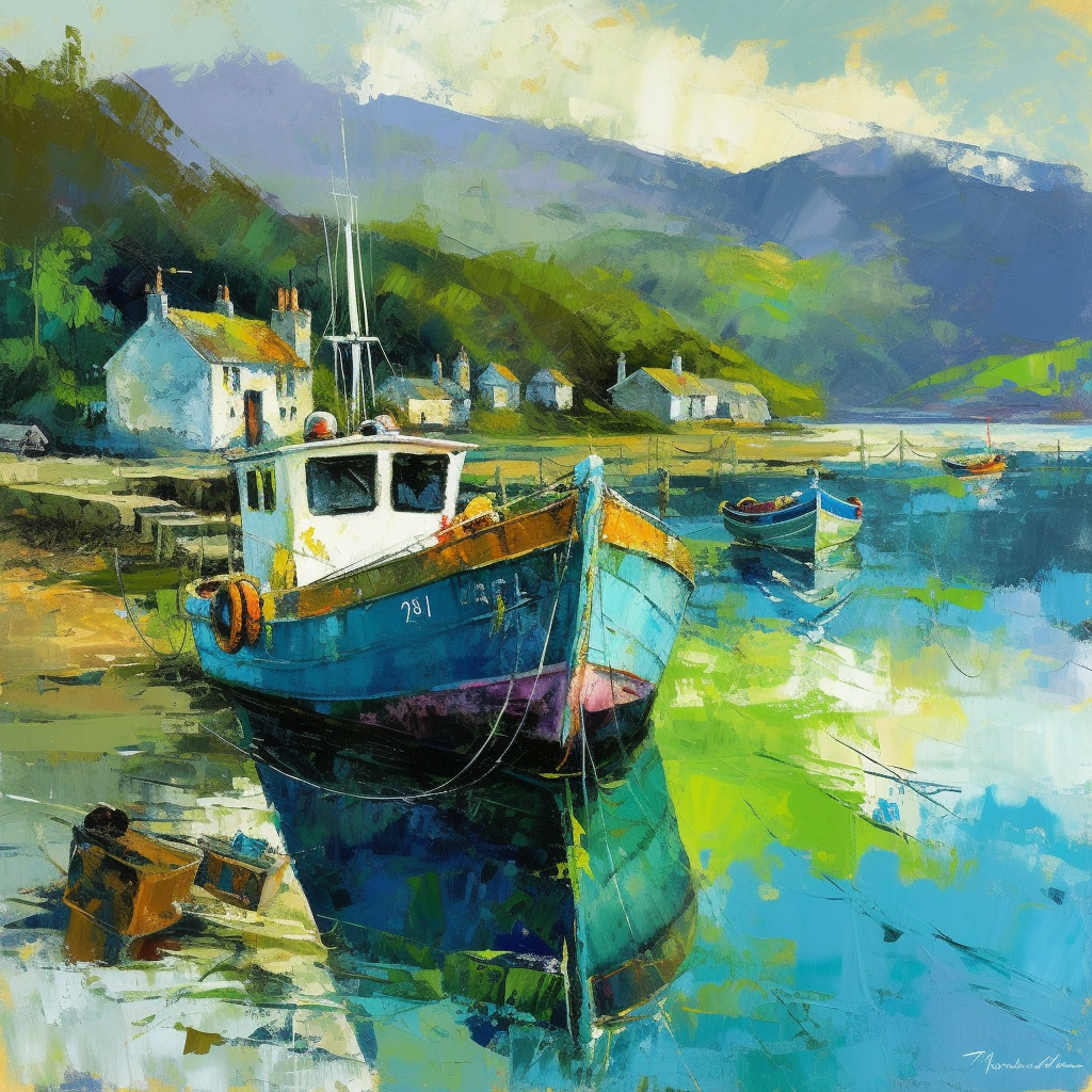 A painting of Tayvallich Harbour in Scotland.