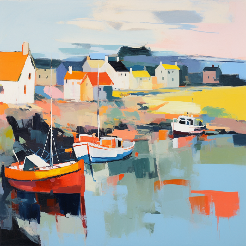 A painting of Cove Harbour in Scotland.