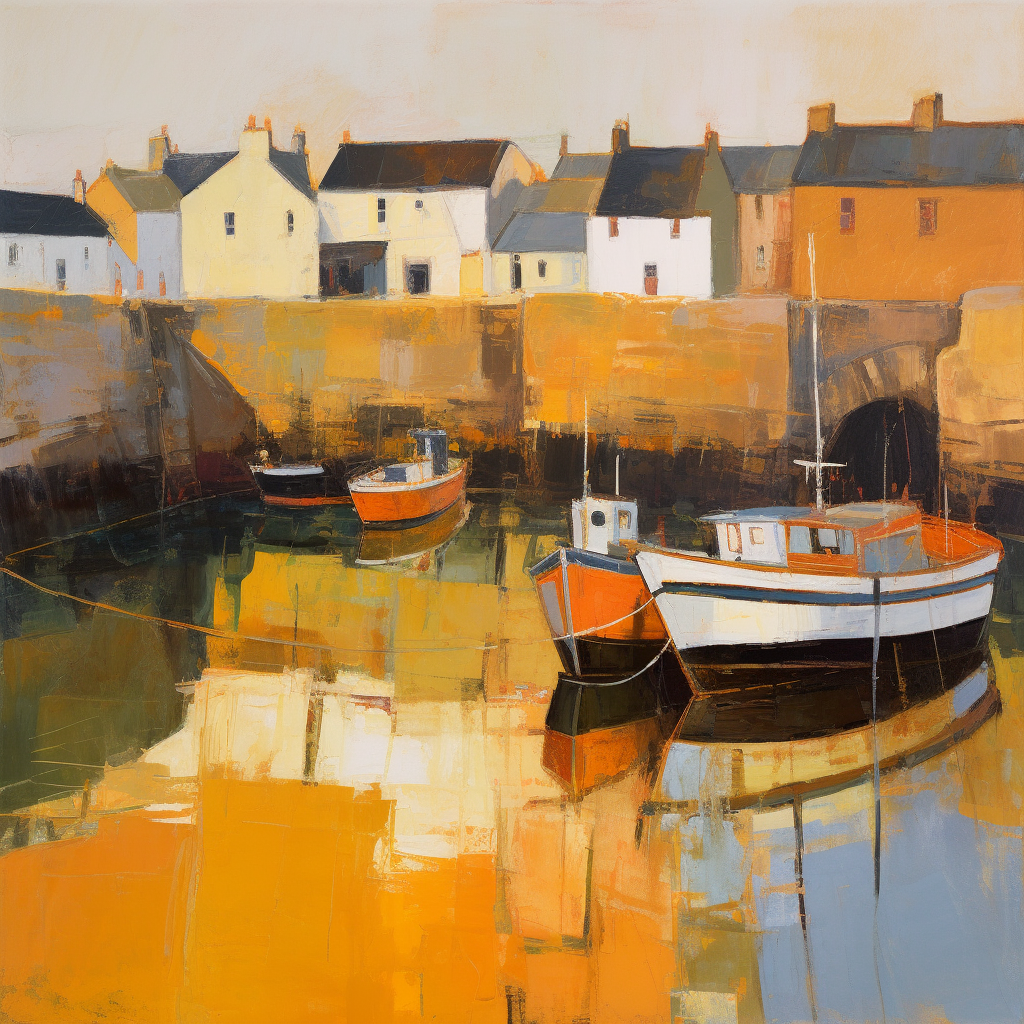 A painting of Portsoy Harbour in Scotland.