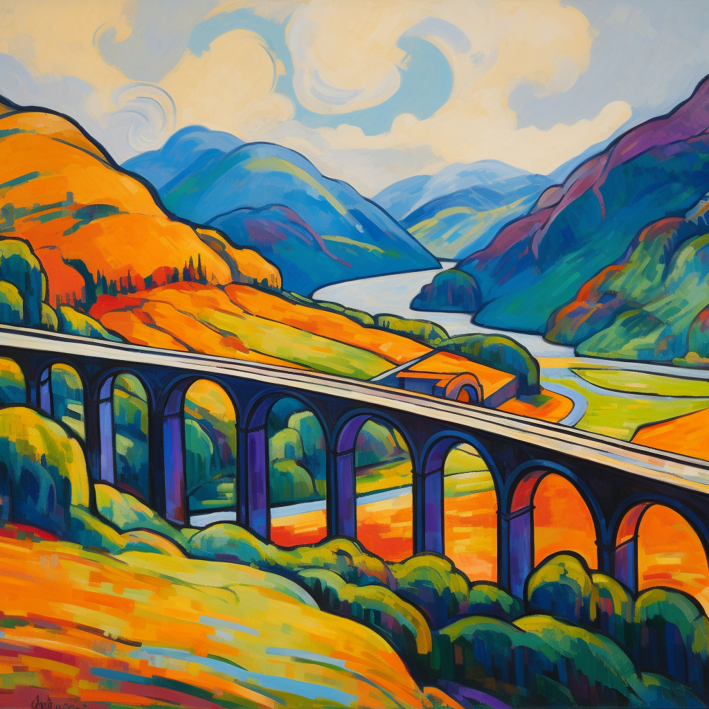 A painting of Glenfinnan Viaduct in Scotland.
