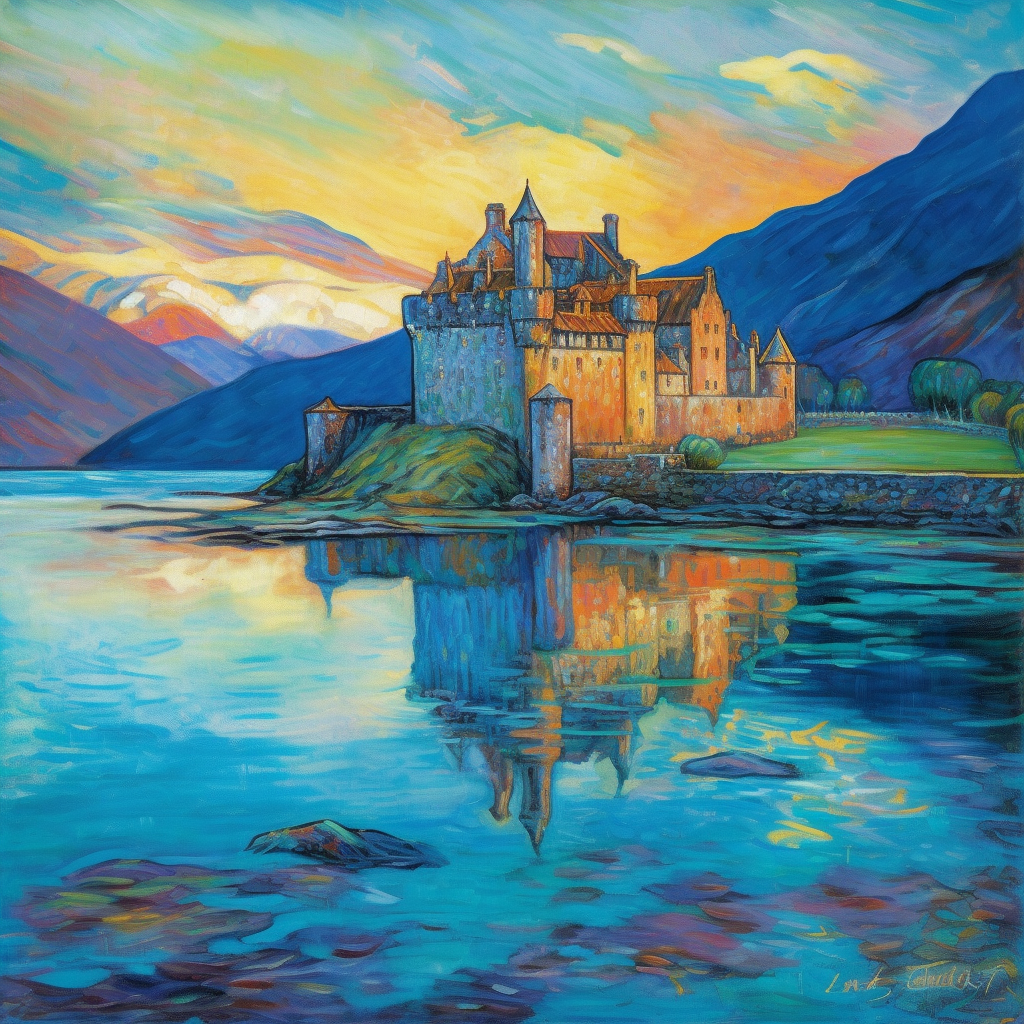 A painting of Eilean Donan Castle in Scotland.