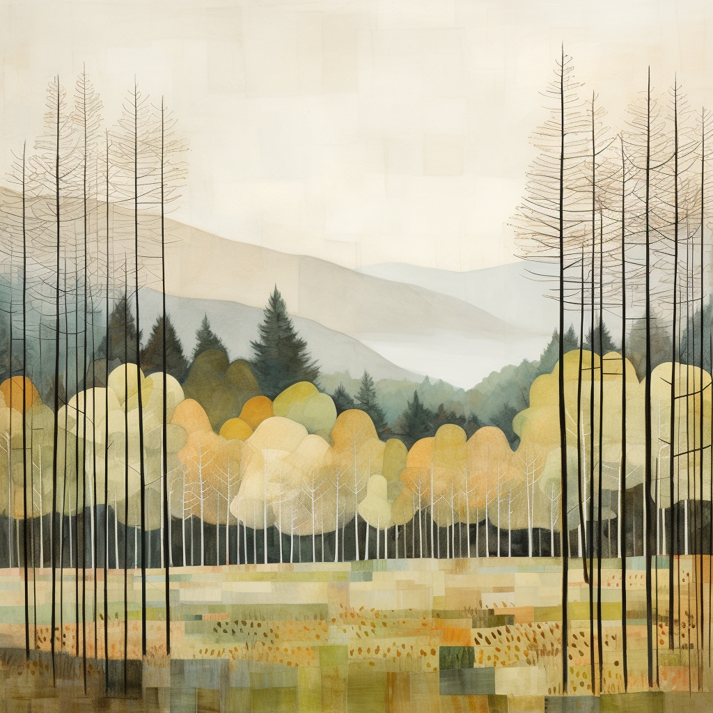 A painting of Glenmore Lodge Forest in Scotland.