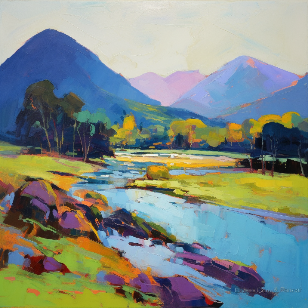 A painting of River Etive in Scotland.