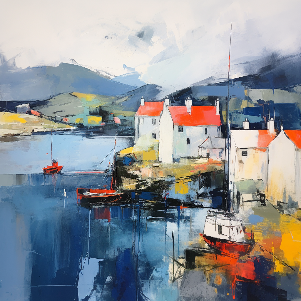 A painting of Castlebay Harbour in Scotland.