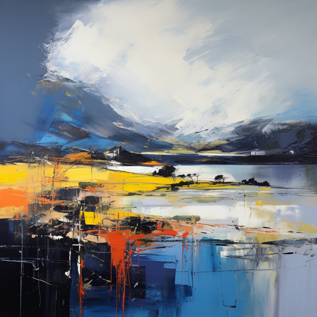 A painting of Port Appin Harbour in Scotland.