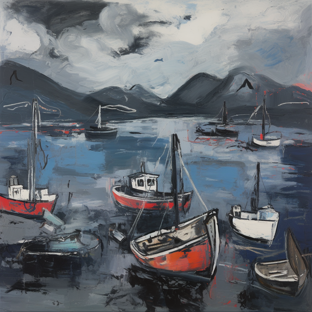 A painting of Balmaha Harbour in Scotland.
