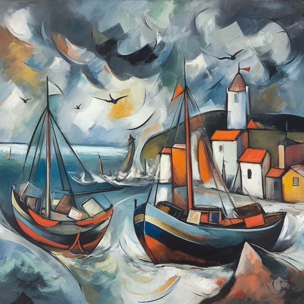 A painting of Eyemouth Harbour in Scotland.