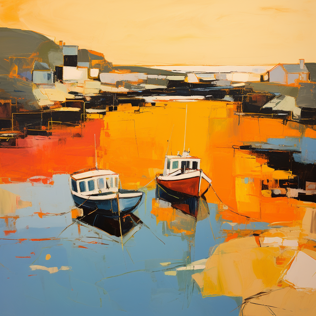 A painting of Port Ellen Harbour in Scotland.
