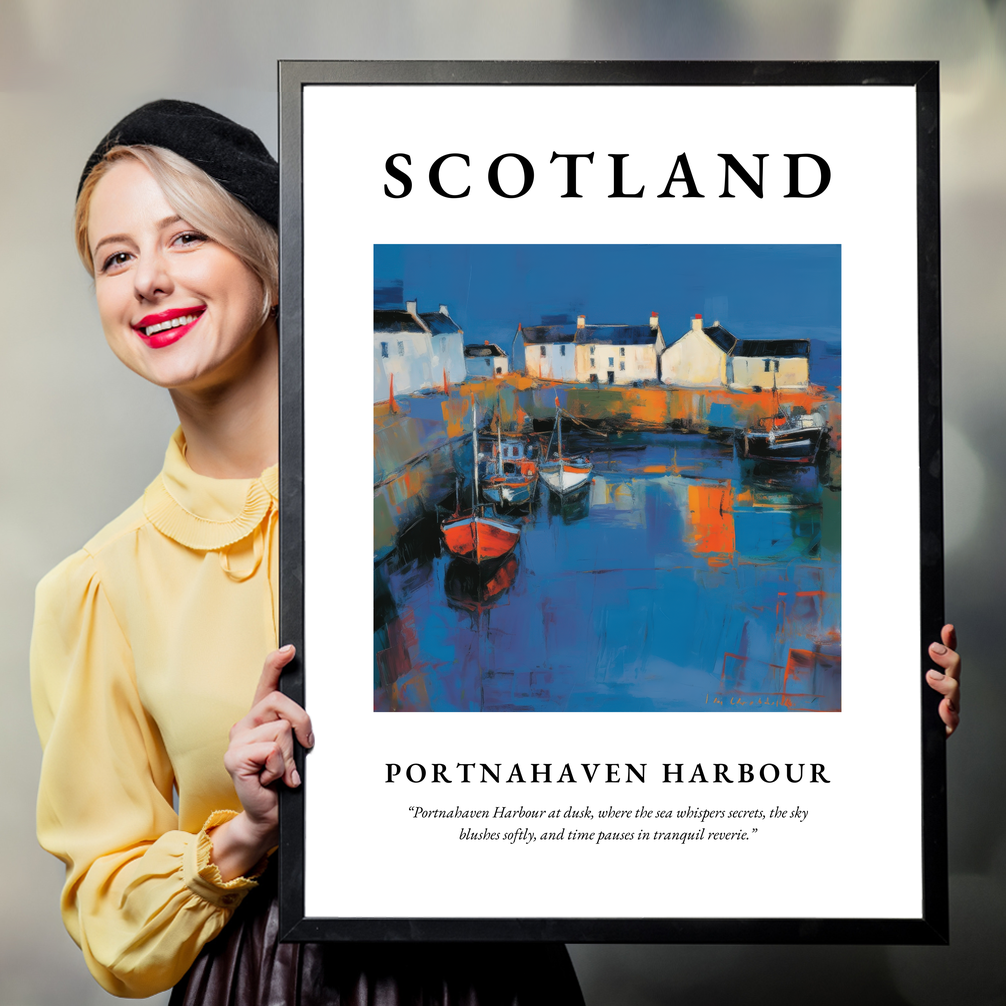 Person holding a poster of Portnahaven Harbour