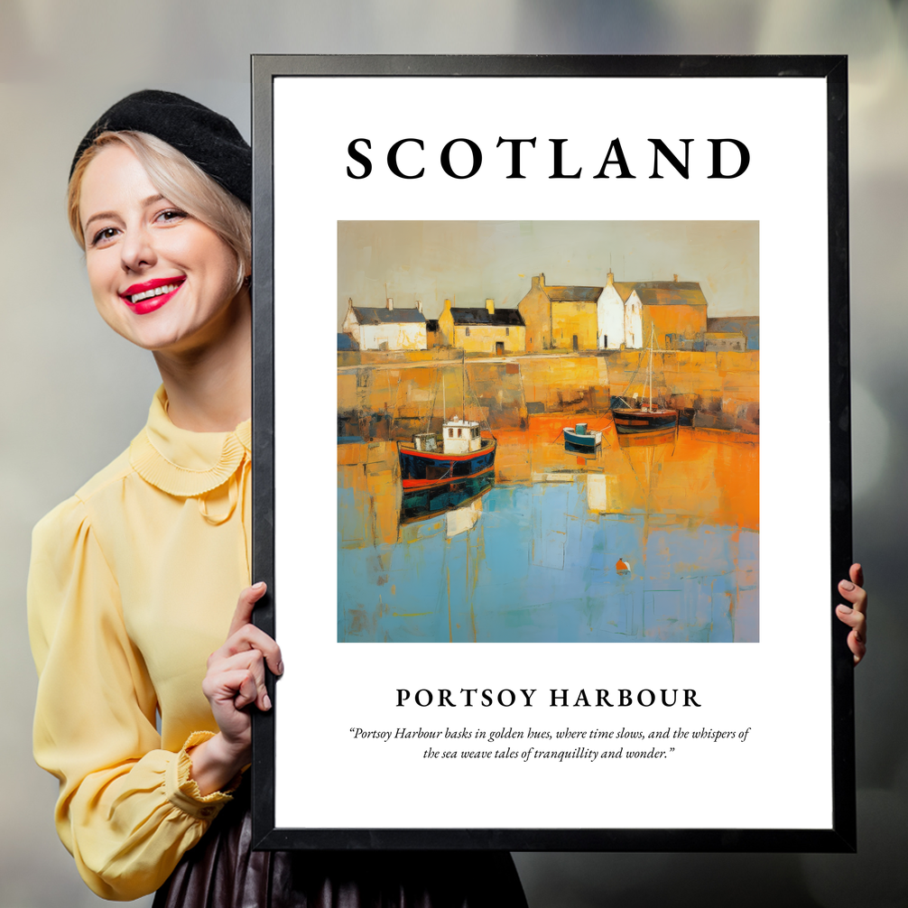 Person holding a poster of Portsoy Harbour