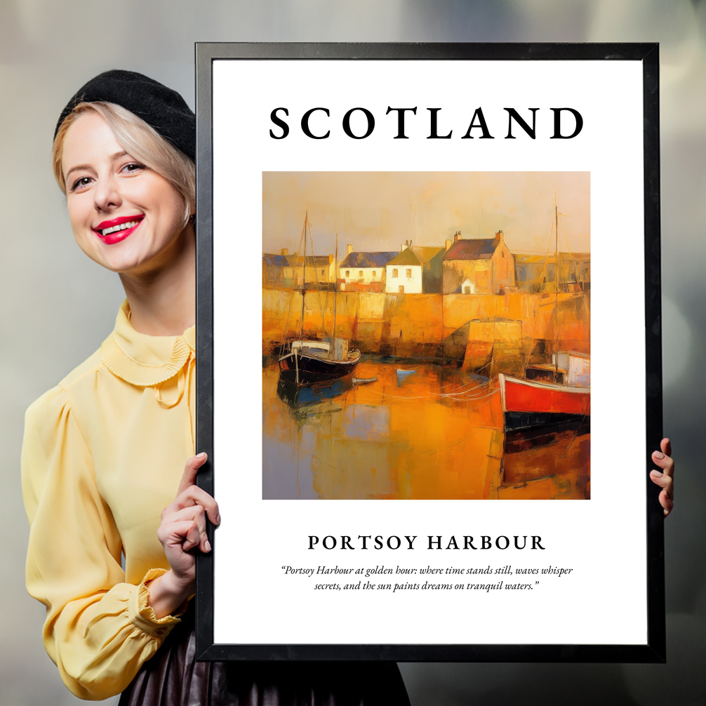 Person holding a poster of Portsoy Harbour