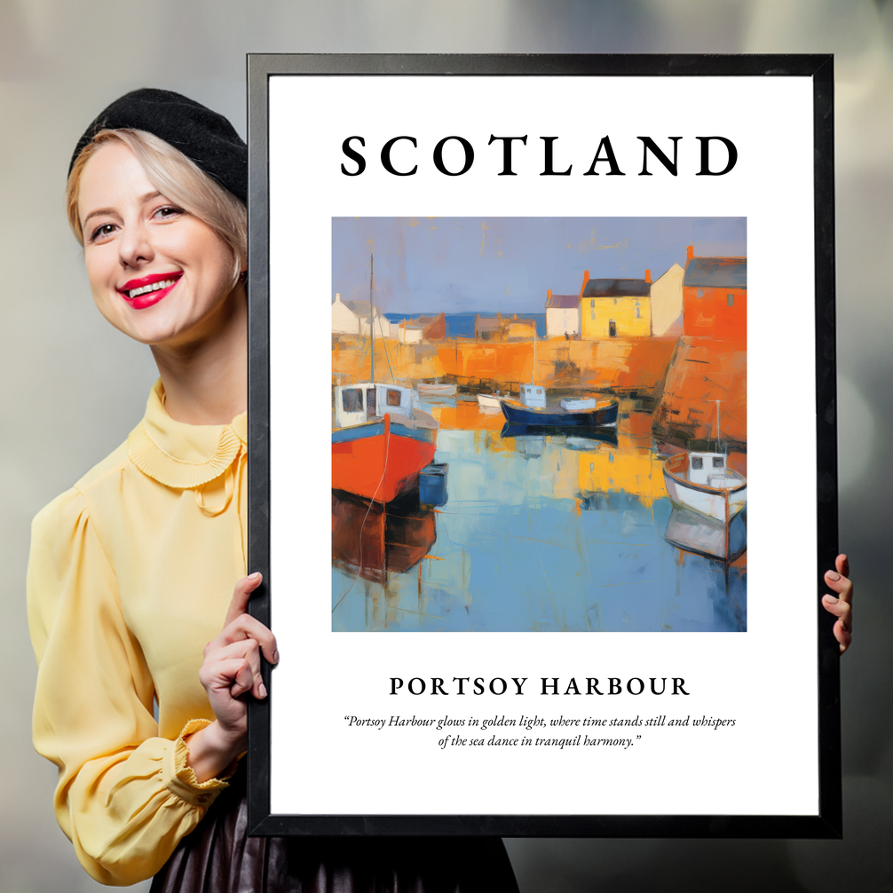 Person holding a poster of Portsoy Harbour