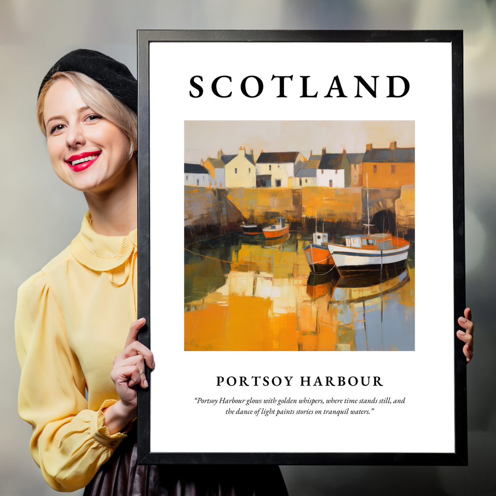 Person holding a poster of Portsoy Harbour