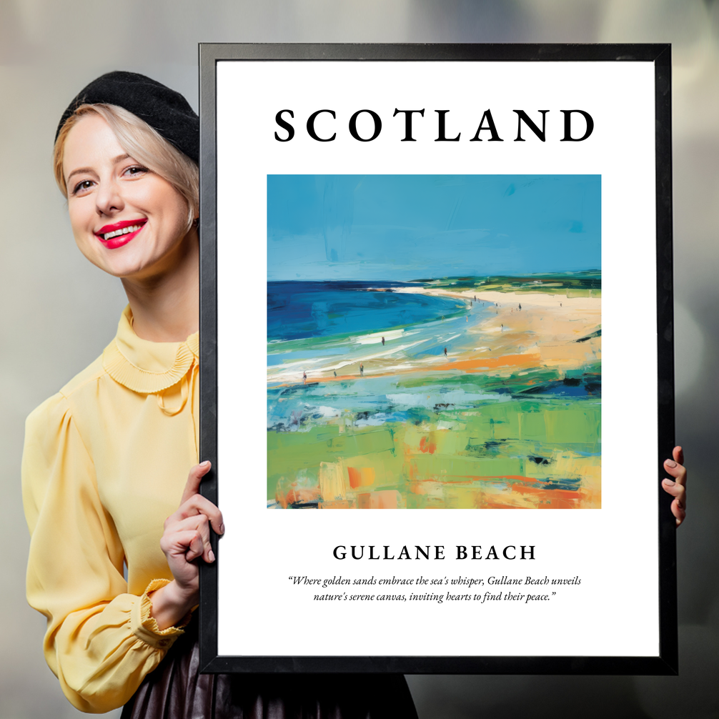 Person holding a poster of Gullane Beach