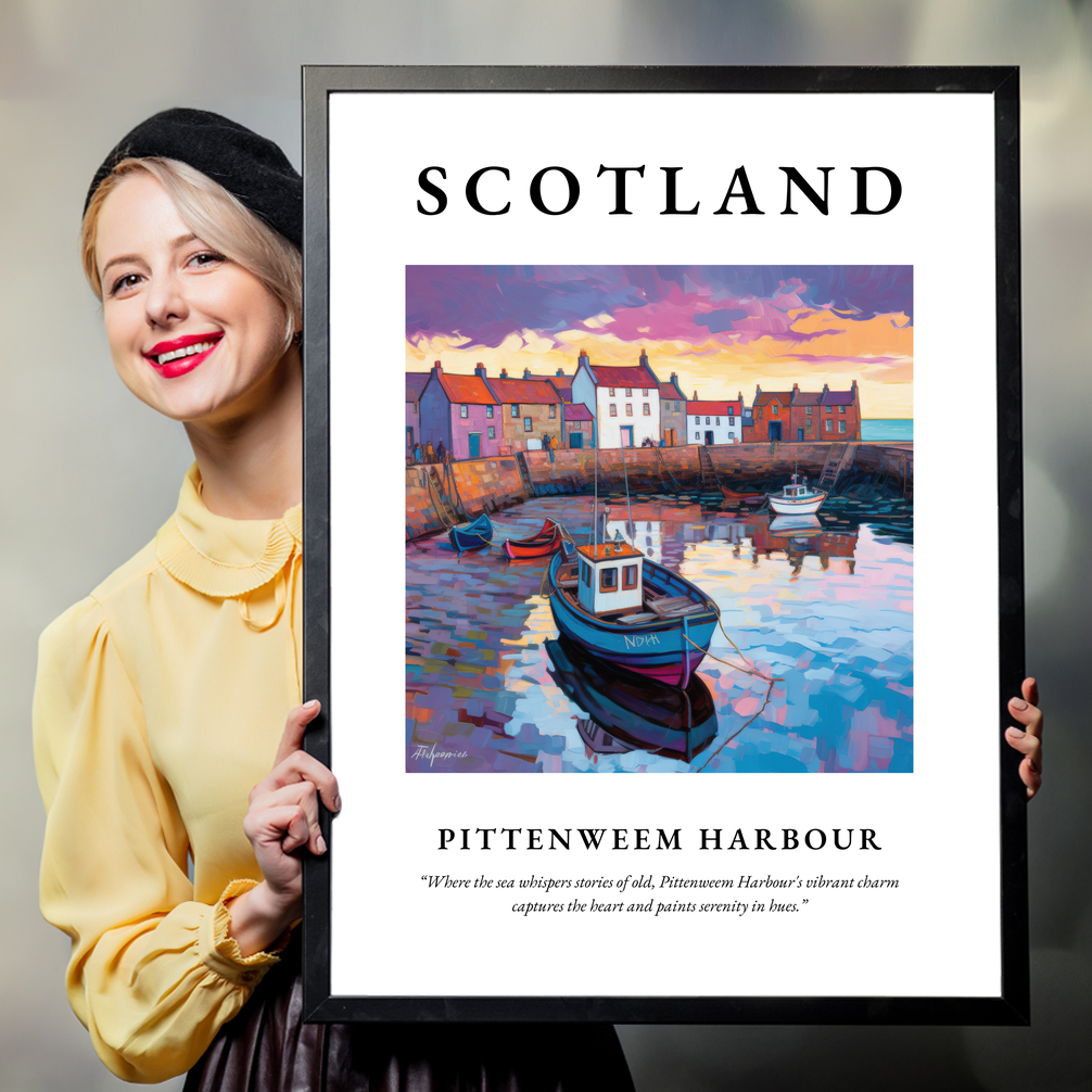 Person holding a poster of Pittenweem Harbour