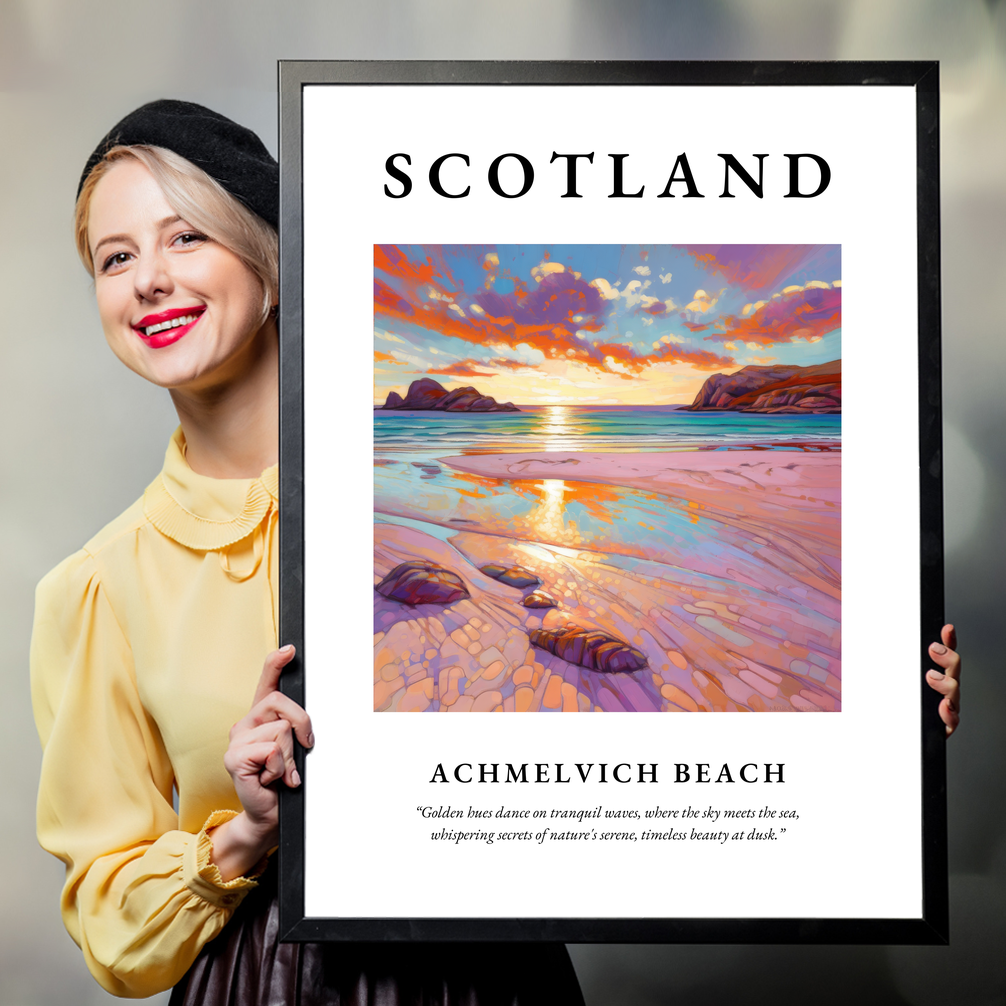 Person holding a poster of Achmelvich Beach