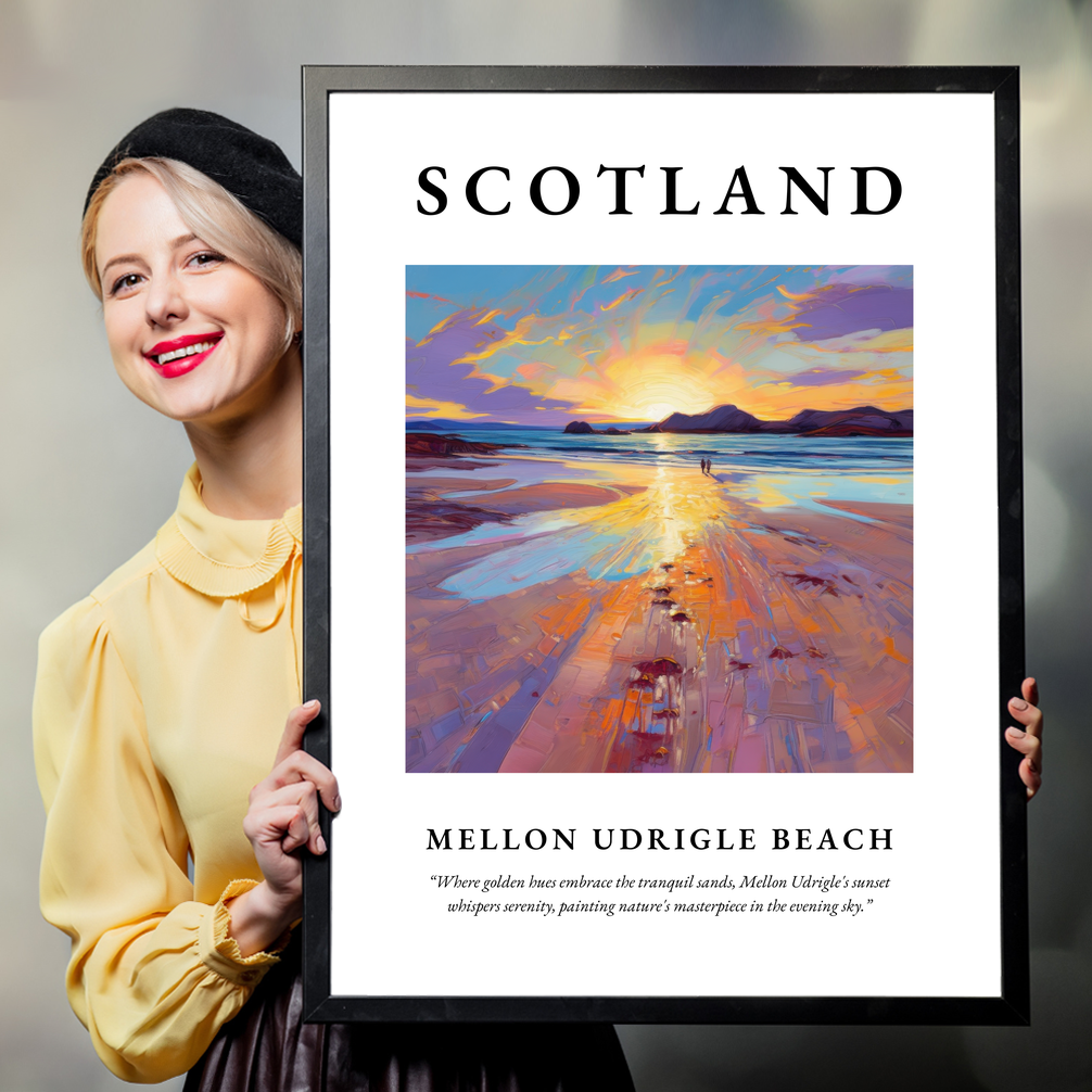 Person holding a poster of Mellon Udrigle Beach