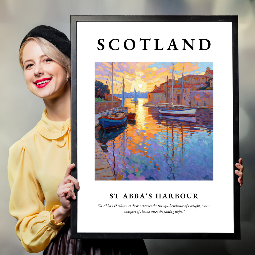 Person holding a poster of St Abba's Harbour