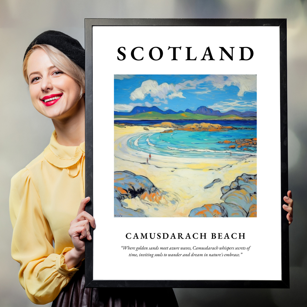 Person holding a poster of Camusdarach Beach