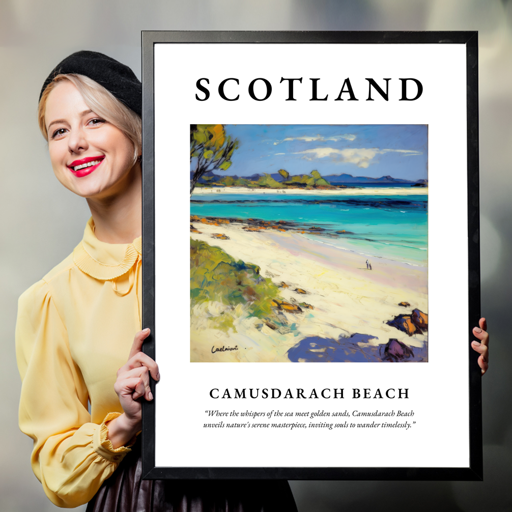 Person holding a poster of Camusdarach Beach