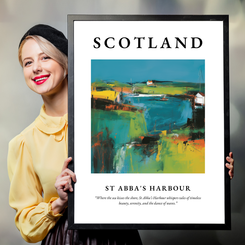 Person holding a poster of St Abba's Harbour