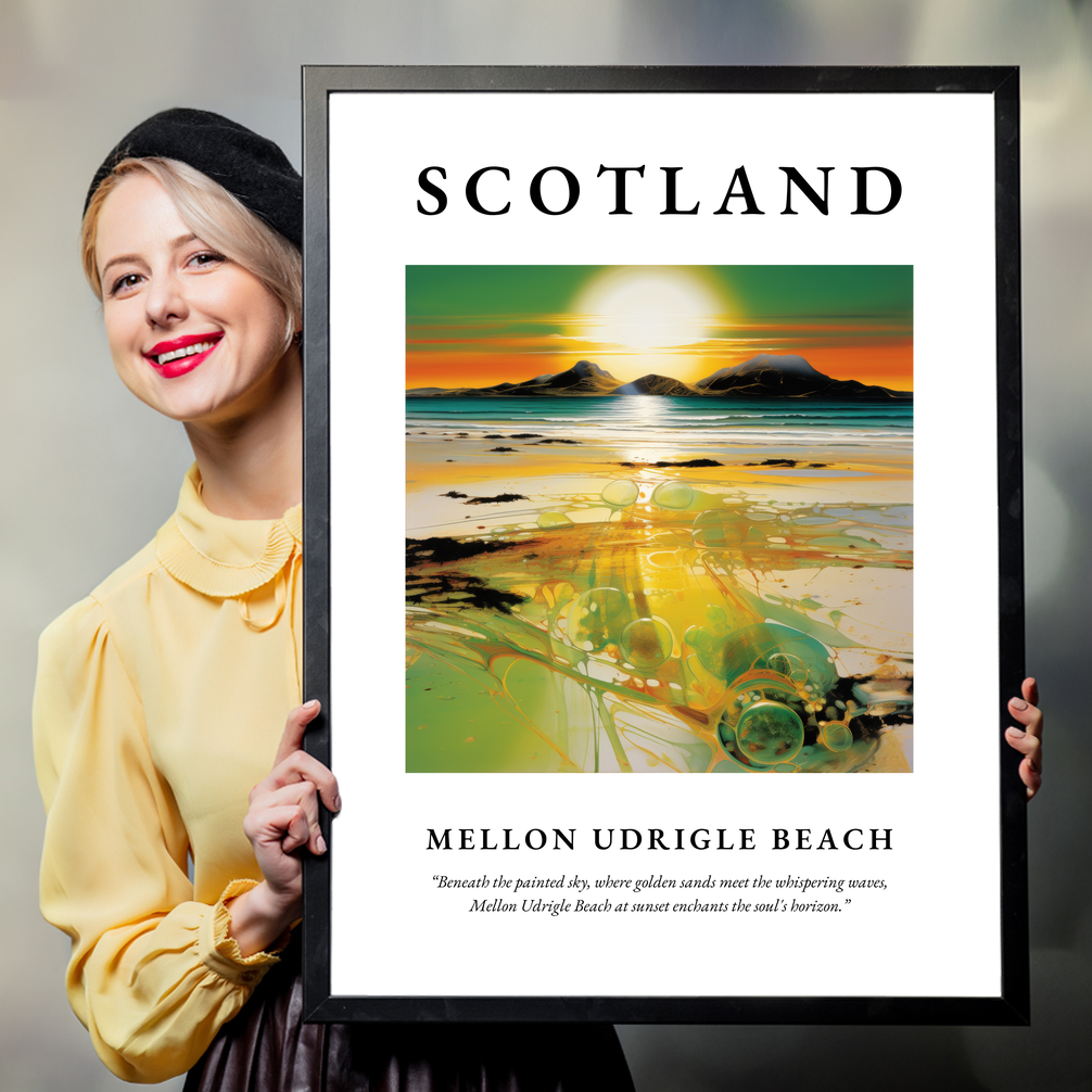 Person holding a poster of Mellon Udrigle Beach