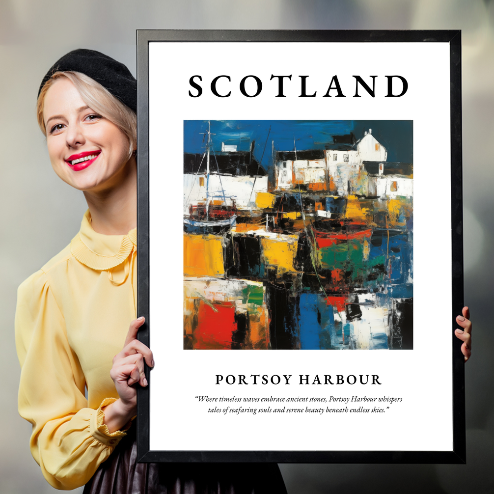 Person holding a poster of Portsoy Harbour