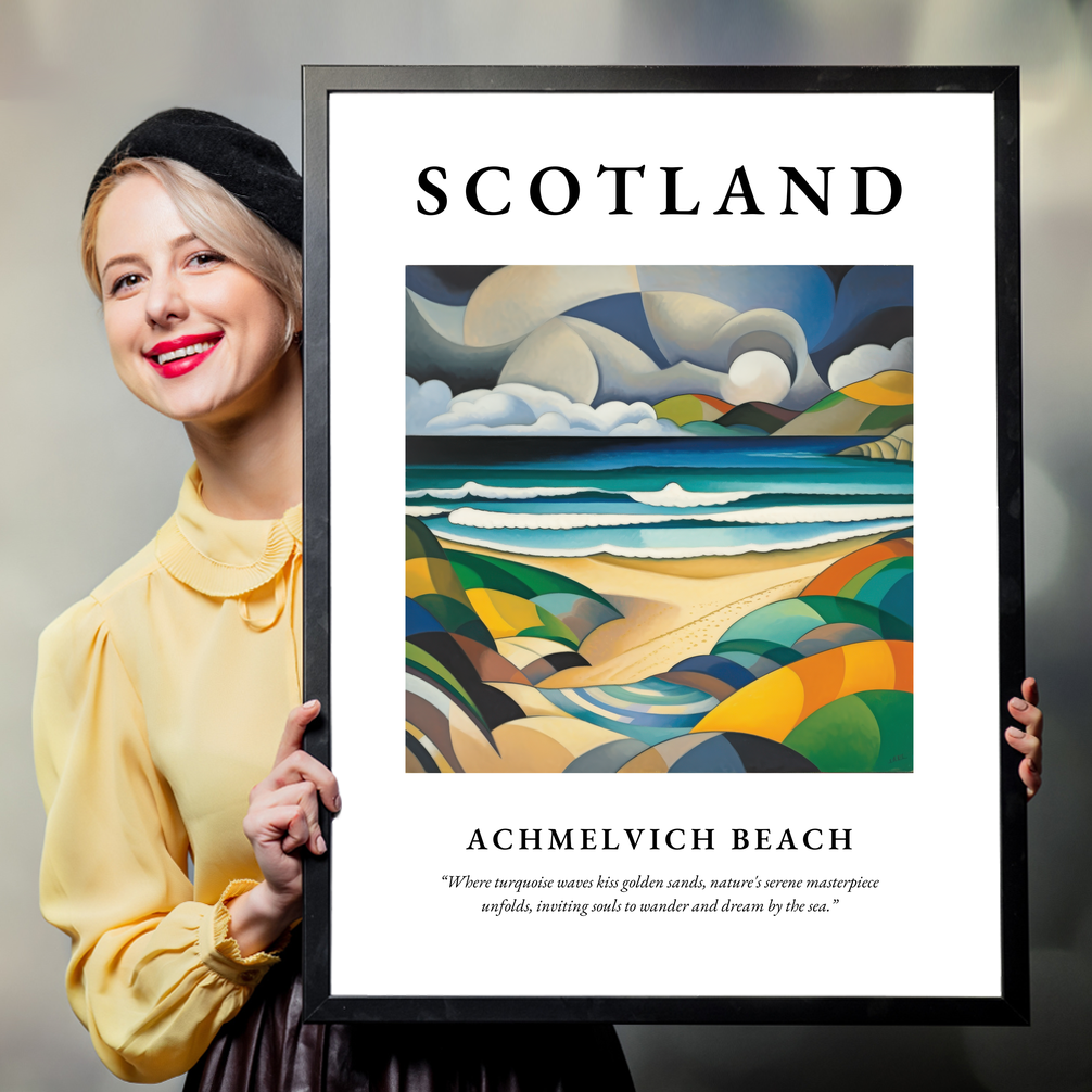 Person holding a poster of Achmelvich Beach