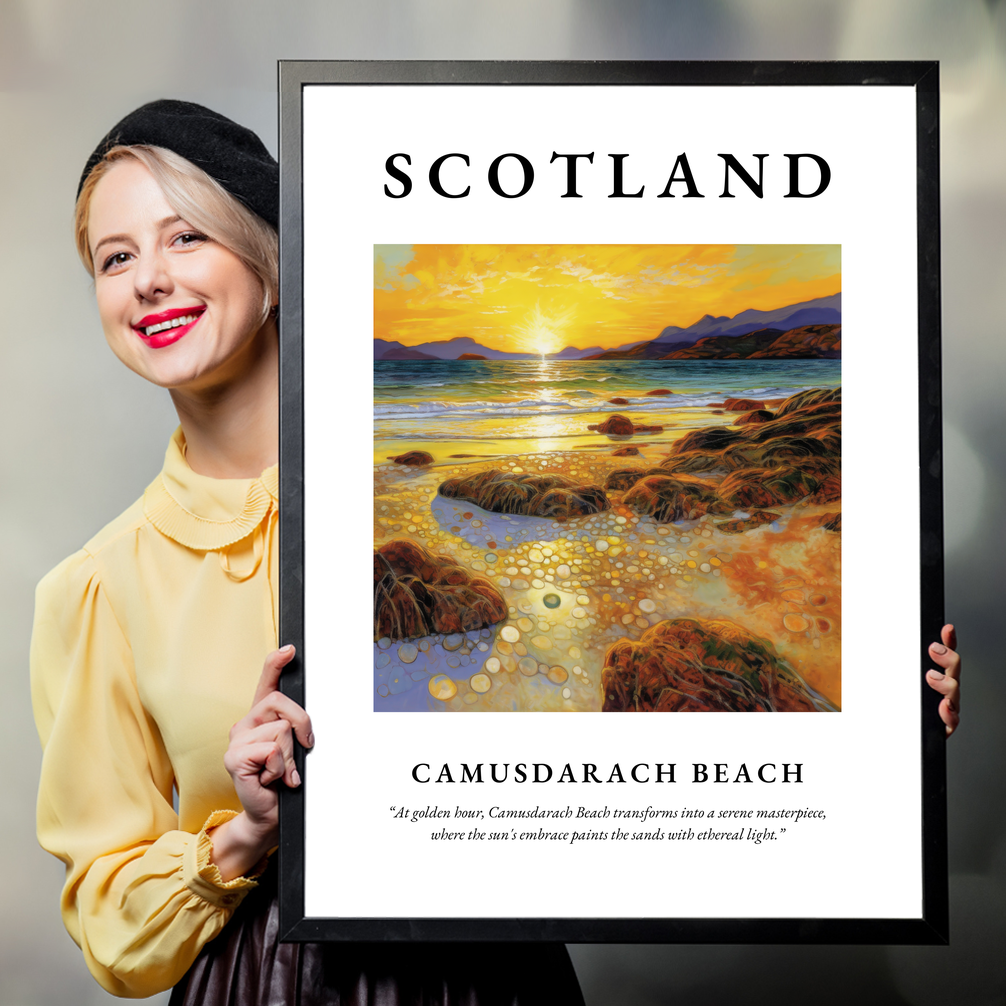 Person holding a poster of Camusdarach Beach