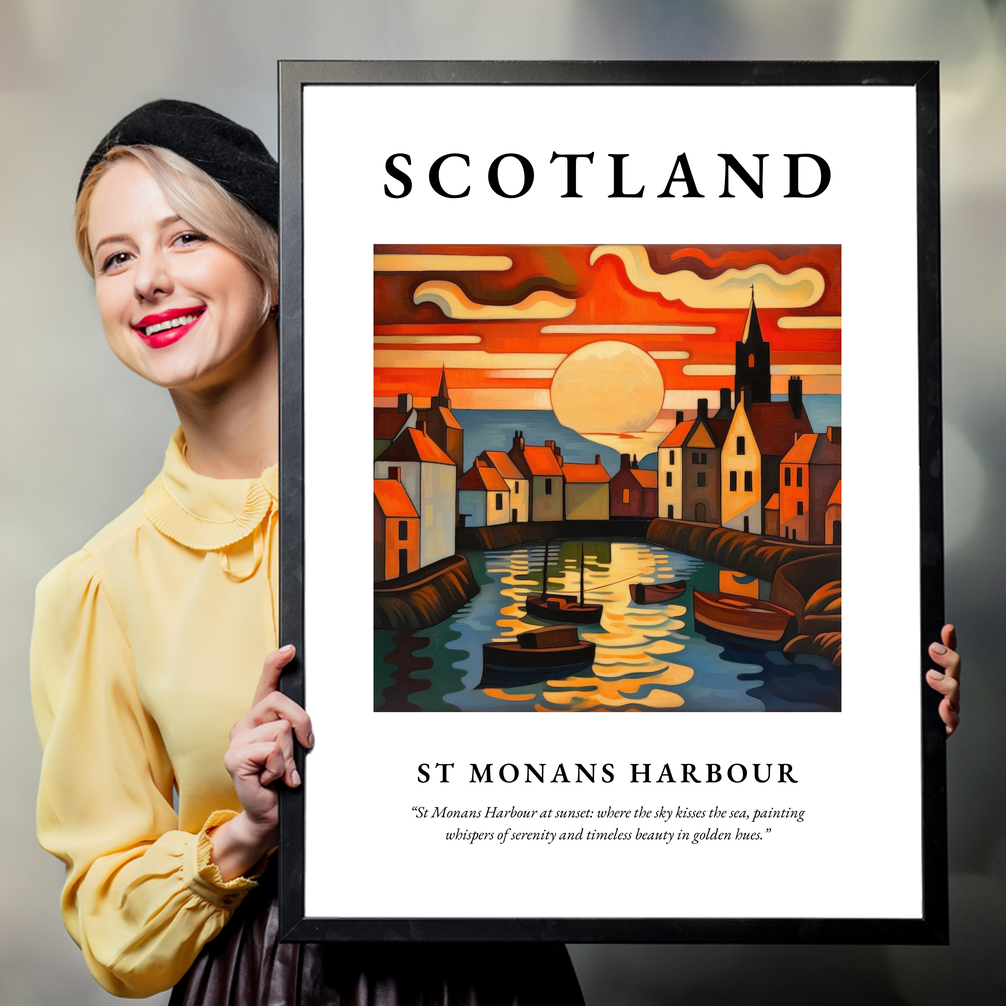 Person holding a poster of St Monans Harbour