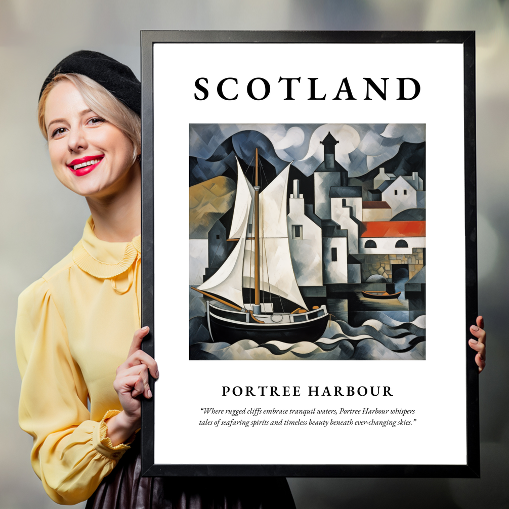 Person holding a poster of Portree Harbour