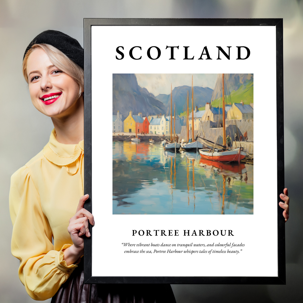 Person holding a poster of Portree Harbour