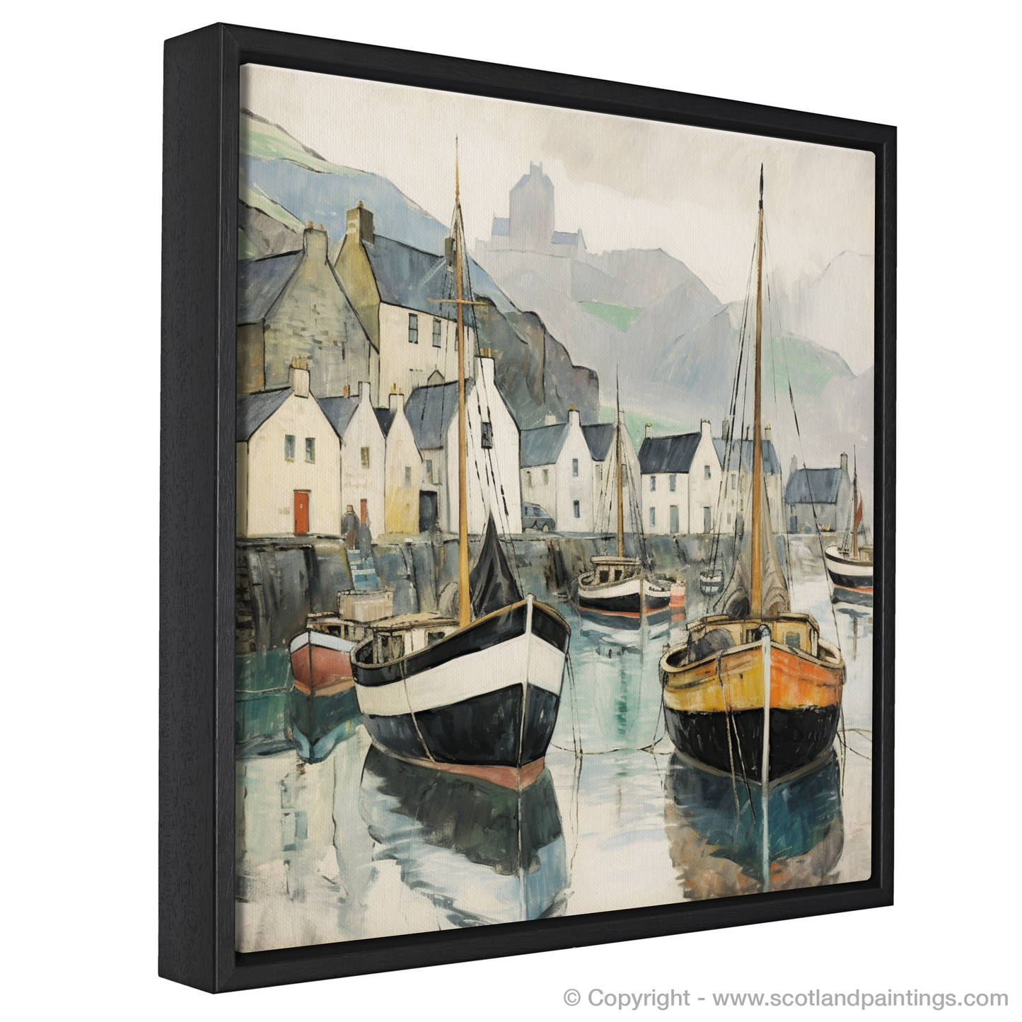 Enchanted Portree Harbour: A Naive Art Homage to Scottish Seaside Serenity