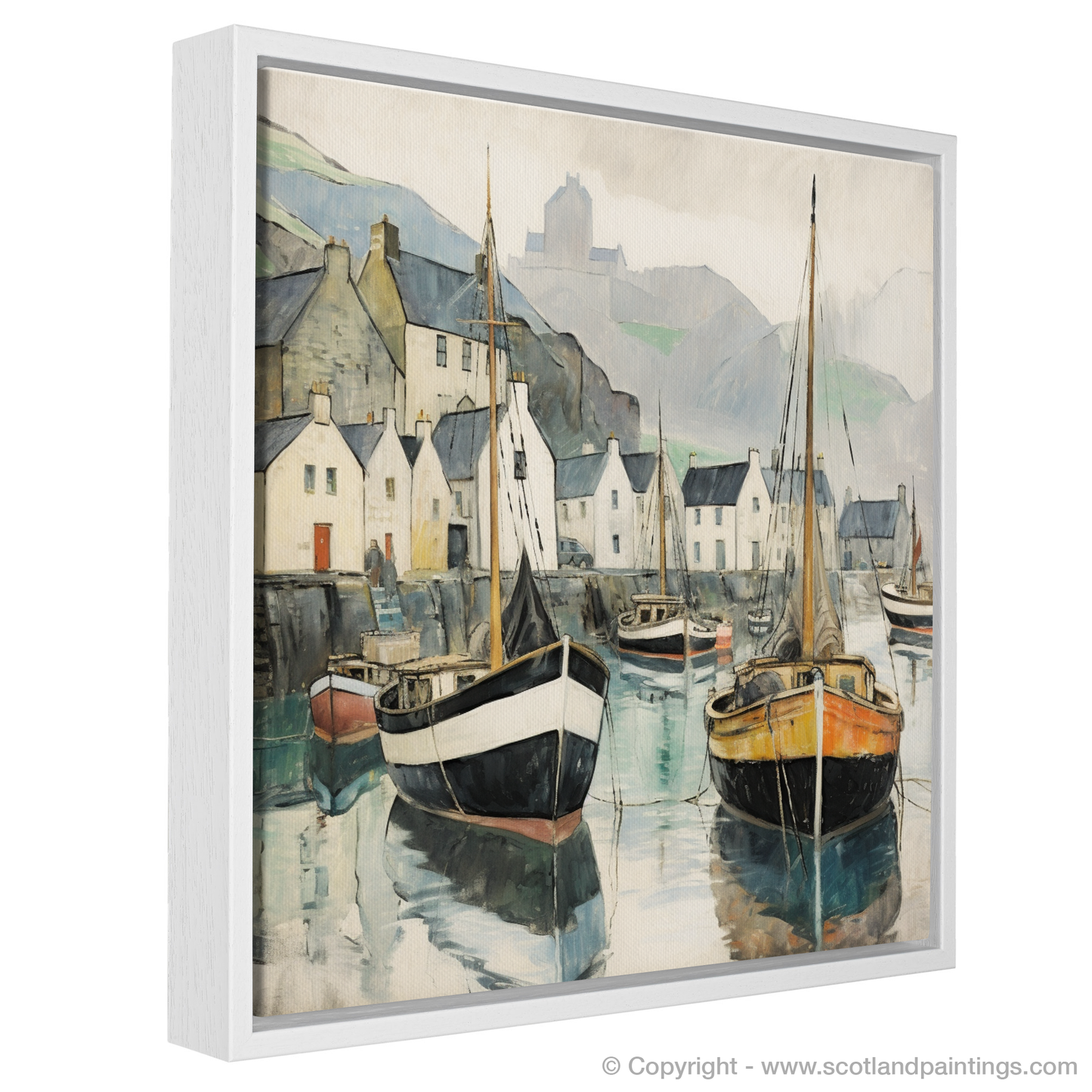 Enchanted Portree Harbour: A Naive Art Homage to Scottish Seaside Serenity