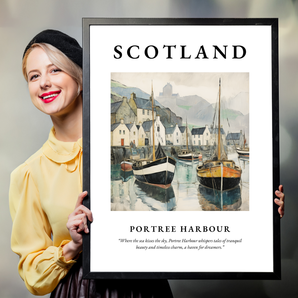 Person holding a poster of Portree Harbour