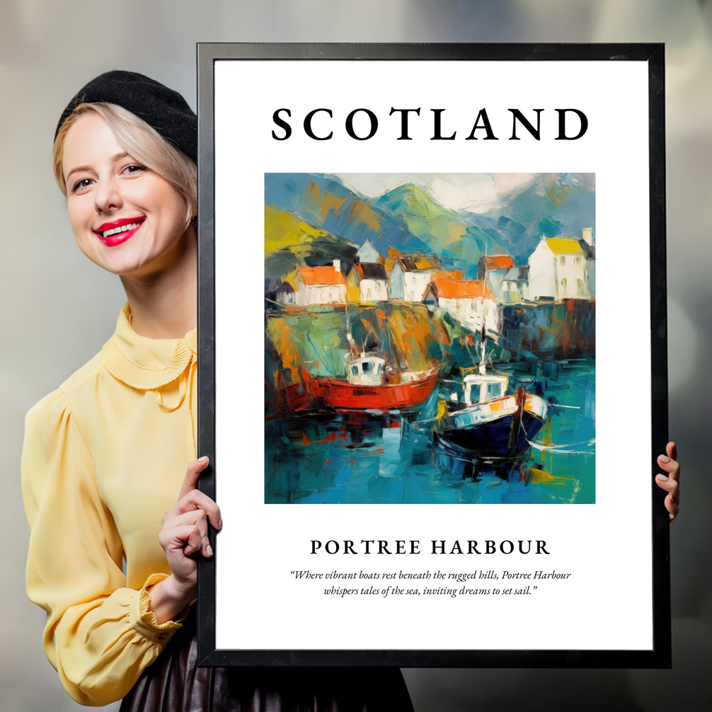 Person holding a poster of Portree Harbour