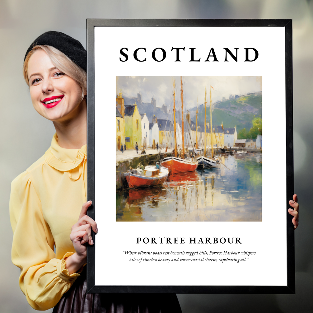 Person holding a poster of Portree Harbour