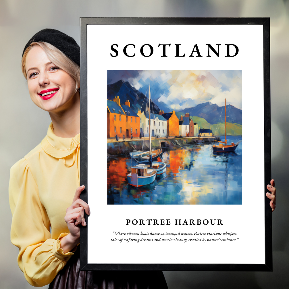 Person holding a poster of Portree Harbour