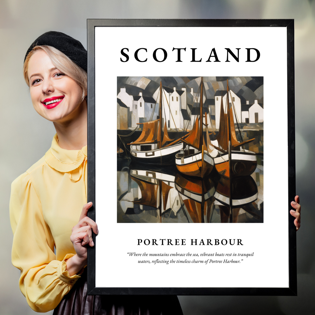 Person holding a poster of Portree Harbour