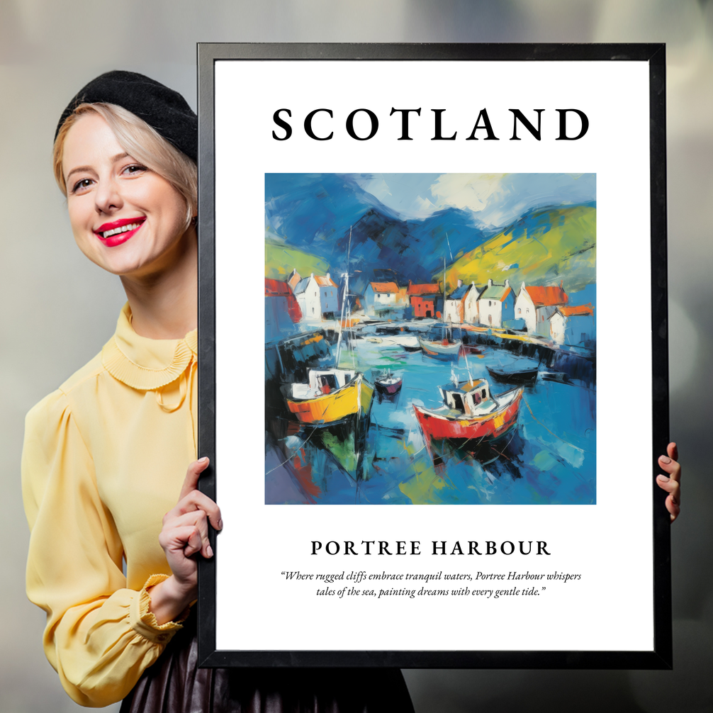 Person holding a poster of Portree Harbour