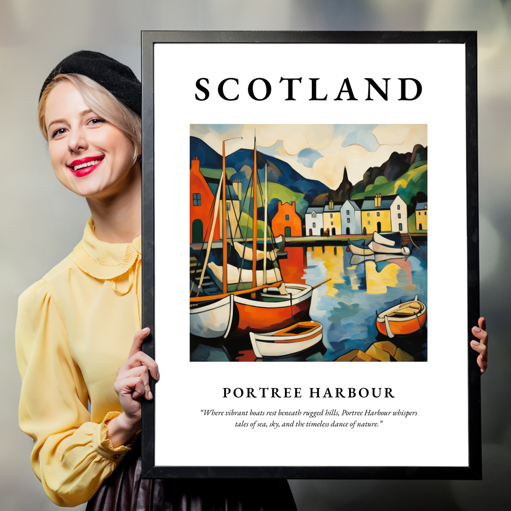 Person holding a poster of Portree Harbour